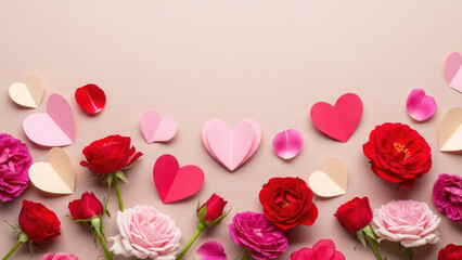 Various paper hearts and real roses on a light pink background.