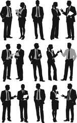 Vector illustration set of black silhouettes featuring a successful business team of men and women in suits walking and standing in an office