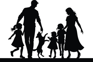 A family silhouette vector set featuring a mother and daughter in fashion dresses walking with a shopping bag alongside a business man and child