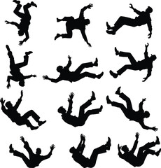 Set of jumping people silhouettes featuring black vector illustrations of a woman, boy, and dancer in action during sport, yoga, and fitness exercises