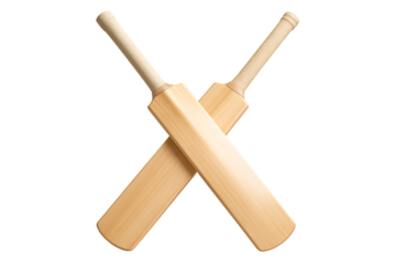 Two wooden cricket bats crossed x shape classic willow design sports equipment team game match symbol isolated on transparent background