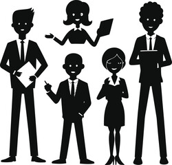 This vector illustration features a diverse business people icons set depicting a professional teamwork company with cartoon businessmen and women in suits to represent office success