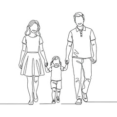 Hand drawn vector illustration of a happy family with a mother, father, son, and daughter walking together in a sketch art style that captures the love between people and their children