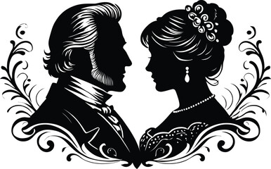 Artistic black vector illustration of a romantic couple profile with a heart design representing love, beauty, and the fashion of a wedding kiss between a person and their valentine