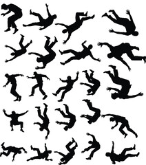 Vector illustration of a black silhouette set featuring men and women in action, including people jumping, dancing, and practicing yoga for fitness and sports