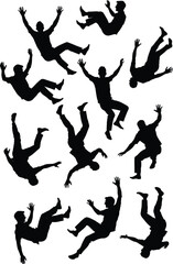 Vector illustration set of black silhouettes featuring people, men, and women in various yoga poses, fitness body movements, gymnastics, ballet dance jumps, and athletic sports figures