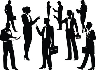 Vector illustration of a business people group and family silhouettes featuring a businessman, woman, and child walking in an office