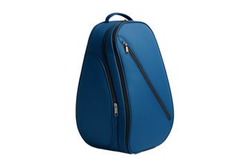 Modern blue backpack with zipper compartments for school travel or hiking standing upright front view with sleek fashion design isolated on transparent background