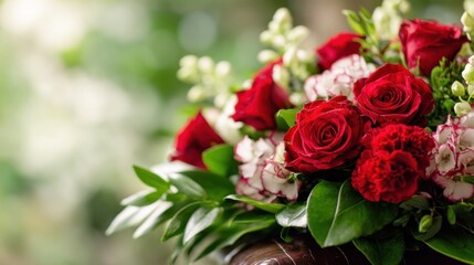 Elegant medium shot of formal rose floral arrangement with rich red blooms symbolizing love and remembrance at a memorial setting.