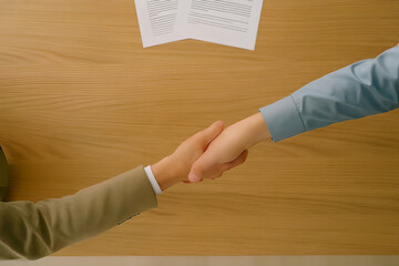 A business handshake and document on a wooden table signify an agreement