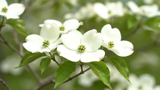 Close-up of white dogwood flowers with green centers and leaves on a blurred background with a shallow depth of field.