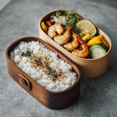 Double layer Japanese bento set with seasoned white rice and grilled prawns with fresh vegetables
