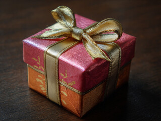Small elegant gift box in pink and orange with a shiny gold ribbon and bow on a dark wooden surface