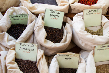 Spices at the Food market in Ile Rousse Corsica at the mediterranean sea