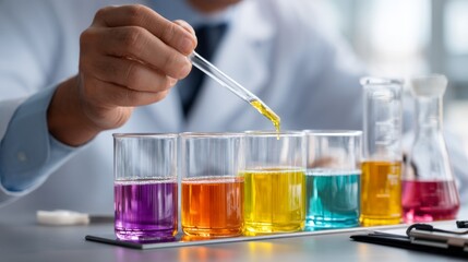 A scientist carefully adds a bright yellow liquid to a row of colorful beakers, each holding unique mixtures. The atmosphere is filled with curiosity and innovation as reactions unfold