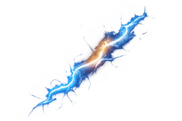Electrical lightning arc with blue and orange energy bolt discharging, creating a powerful plasma effect burst, transparent background