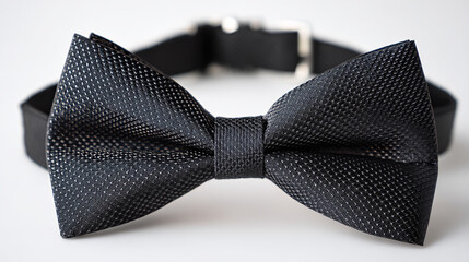 Classic black textured bow tie with adjustable neck strap, formal men's fashion accessory on white