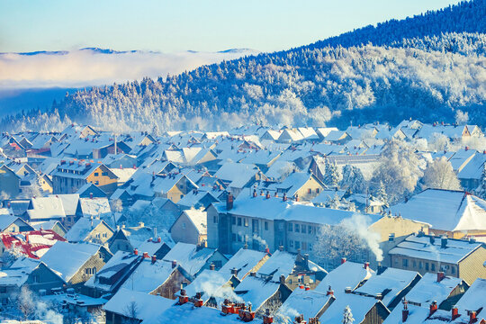 Panoramic view of town of Delnice in Gorski kotar in Croatia in winter