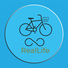 Bicycle Icon with Infinity Symbol and Real Life Text on Blue Background