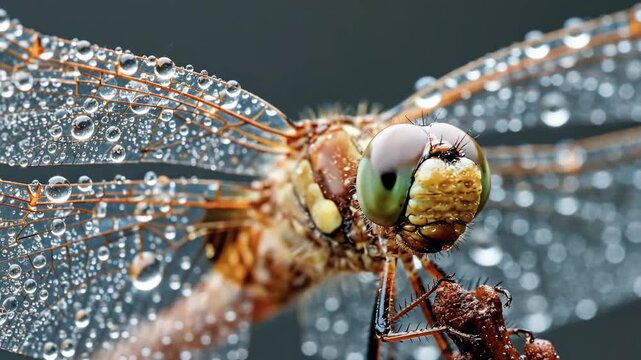 Macro extreme close up of brown dragonfly insect covered in fresh morning dew water droplets on wings and eyes