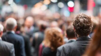 Man standing in a crowd, Blurred bokeh background at a large gathering, Anonymity and movement