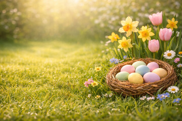 Fototapeta premium Easter Nest with Pastel Eggs in Spring Garden, Left-Side Copy Space