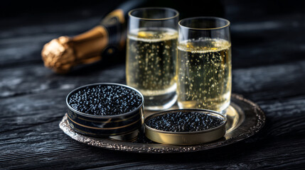 Elegant Celebration Set with Two Glasses of Champagne and Tins of Black Caviar on Silver Plate