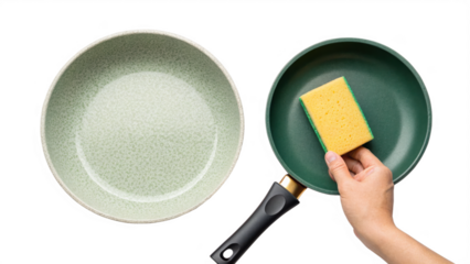 Hand applying non stick coating to frying pan isolated on transparent background