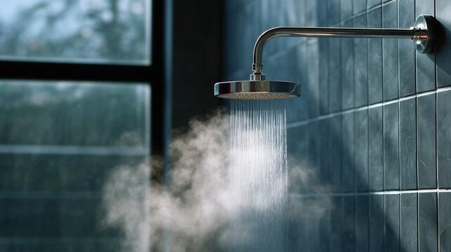 Shower Head Pouring Hot Water with Steam, Modern Dark Tiled Bathroom Interior, Relaxation and Wellness Concept