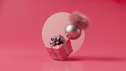A festive gift box adorned with ornaments on a vibrant red background