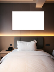 Mockup of modern hotel bedroom with white horizontal blank frame above the bed, perfect for displaying artwork, canvas, or photography, suitable for interior design, branding, and decoration showcase.