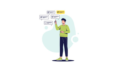 Young man managing multiple tasks with checklists and digital tools illustrating productivity and