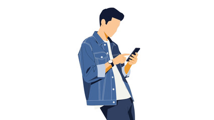 Obraz premium Young man in casual denim jacket using smartphone for communication and social media activities