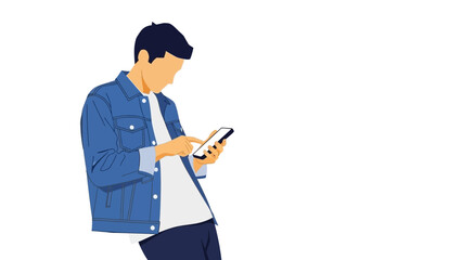 Young man in denim jacket using smartphone with blank space on the right side for design or text