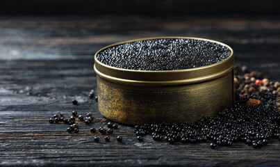 Gourmet Black Caviar Tin on Dark Wood with Peppercorns and Scattered Roe Grains