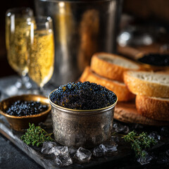 Premium Black Caviar Served in an Antique Silver Bowl with Ice Bread and Champagne