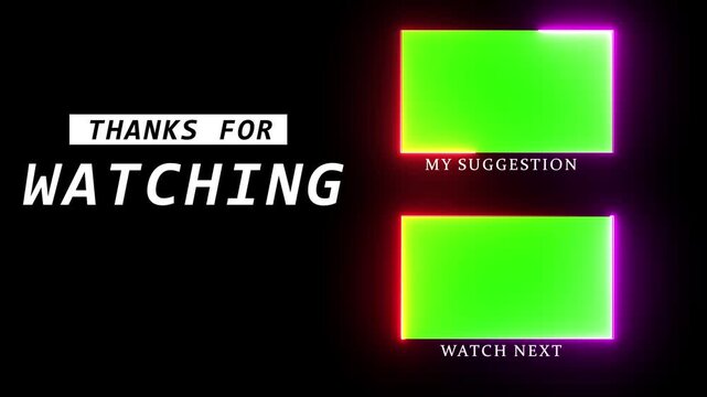 Thanks for watching neon sign. neon lights frames and icons on green screen, thanks for watching text. perfect for video end screens on black background.