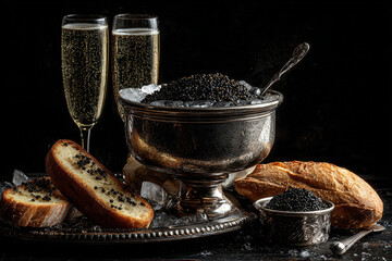 Elegant Gourmet Platter with Black Caviar in Silver Bowl Toasted Baguette and Champagne