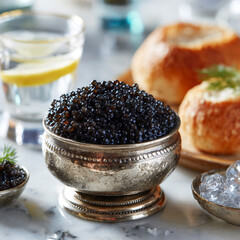 Traditional Serving of Black Caviar in Silver Dish with Bread Rolls and Vodka