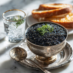 Premium Black Caviar Garnish with Dill in Silver Bowl Served with Toast and Vodka
