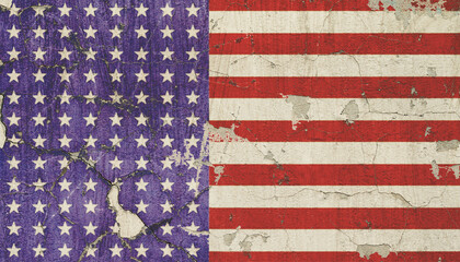 flag of the United States of America on the old damaged wall