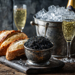 Luxury Seafood Appetizer with Black Caviar in Silver Bowl Toasted Bread and Champagne