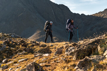 Adventurous hikers walking calmly across sunwarmed alpine ground