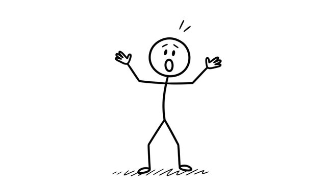 Shocked Stick Figure Man with Open Mouth and Raised Hands, Expressing Astonishment or Fear on Isolated White Background.