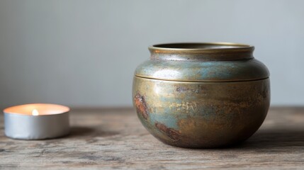 A tarnished brass inkwell with a verdigris patina rests on a weathered wooden surface