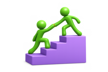 3d stick figures collaborating, one person helping another climb purple stairs, symbolizing teamwork, mentorship, and support for success. Transparent background