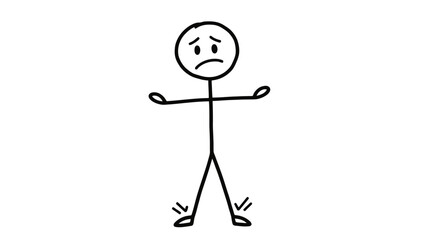 Sad Stick Figure Standing with Arms Wide Open in a Depressed Mood on an Isolated White Background