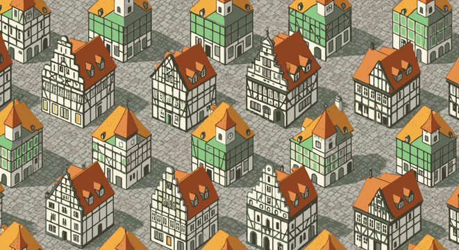 An intricate, hand-drawn isometric pattern showcases charming traditional European half-timbered houses with colorful gabled roofs, creating a whimsical village scene.
