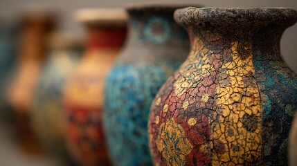 Vintage pottery vases, close-up.  Colorful, detailed designs, aged