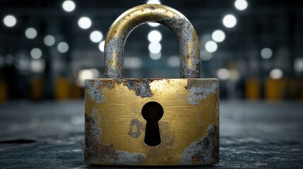 A tarnished brass padlock with a single keyhole sits on a dark surface with a blurred industrial background